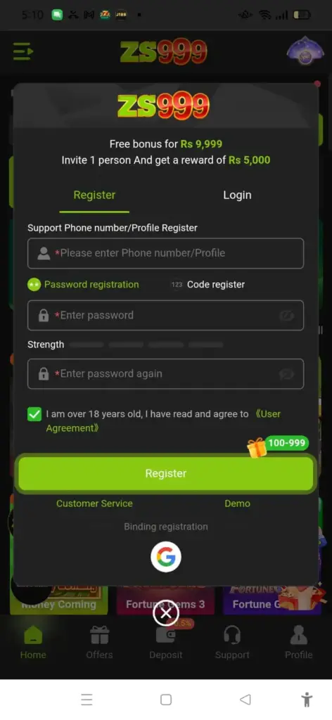ZS999 Game registeration